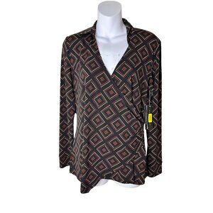 New Officecore Small Faux Wrap Top Geometric Diamond Pattern In Black & Orange